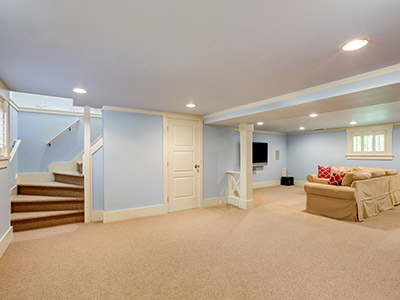 Open basement with carpet