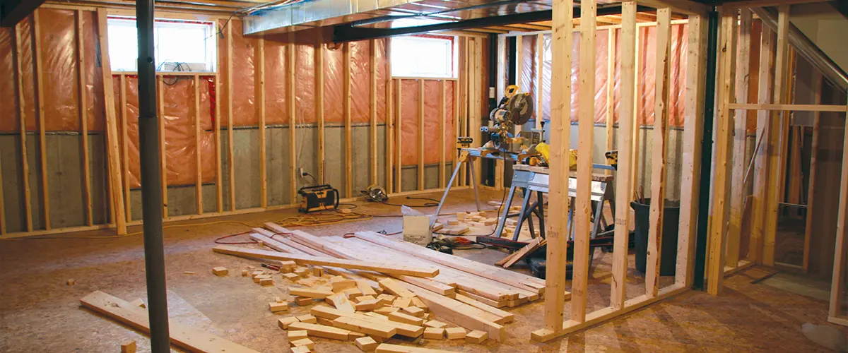 A basement remodel with wood pieces on the floor