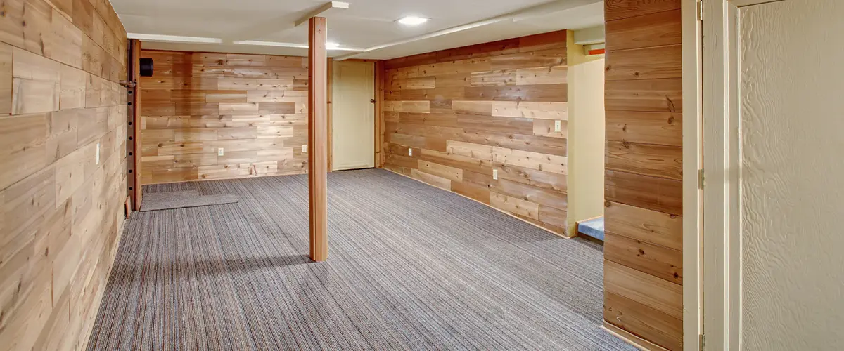 An empty finished basement with wood walls