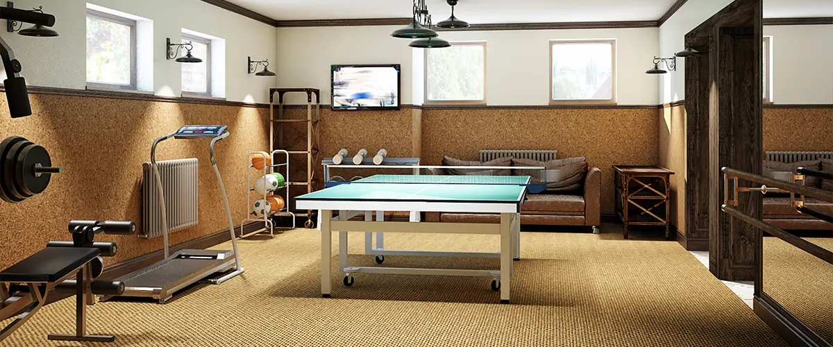A basement transformed in a gym with a ping-pong table