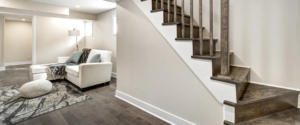 A basement with wood flooring and stairs