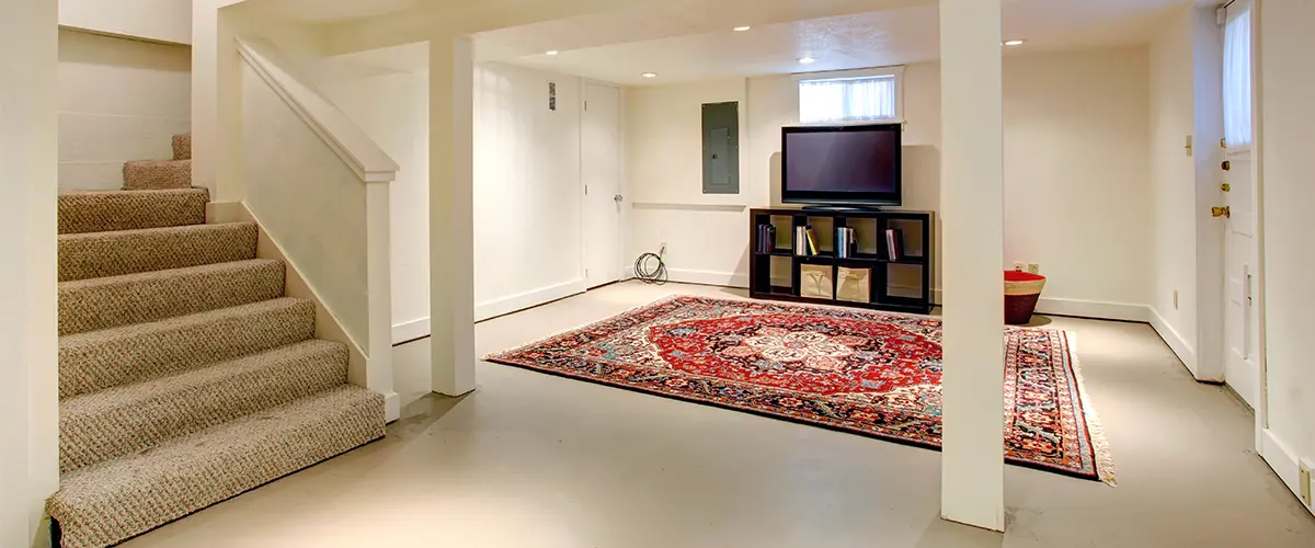 A living space basement with red carpet and a big TV
