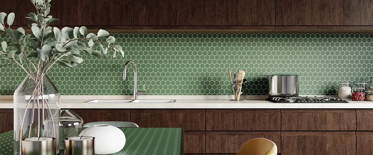 Green tile backsplash with hardwood cabinets