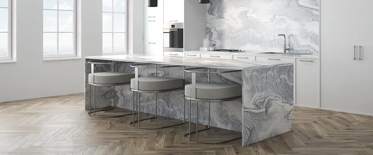 An upscale marble countertop on a kitchen island