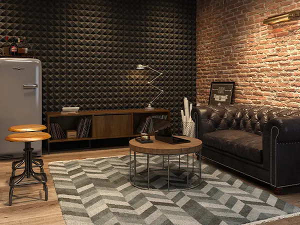 A cozy office with brick walls and wood features