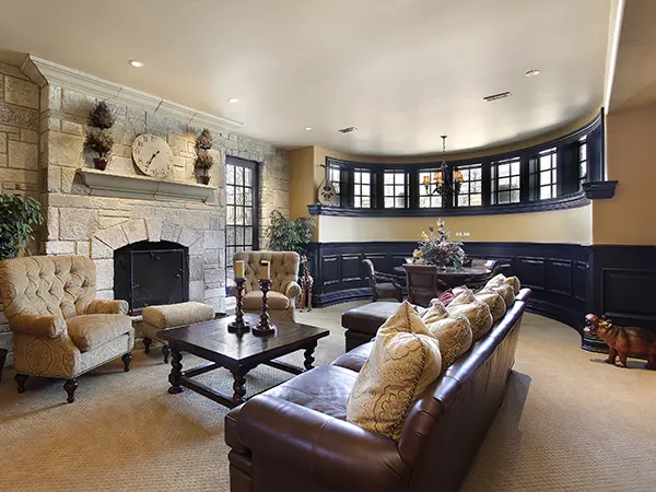 A walkout basement with furniture