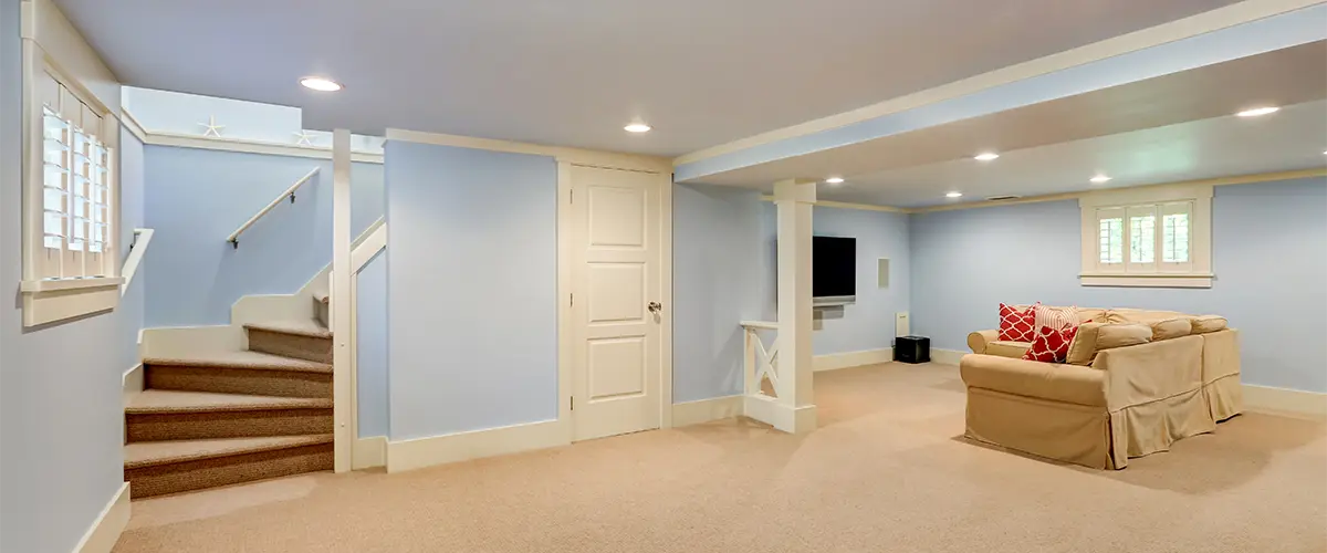 A living room in a finished basement in Ashburn