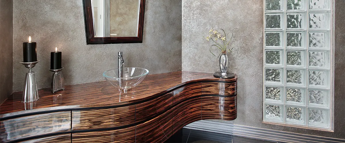 A beautiful hardwood vanity in a bathroom