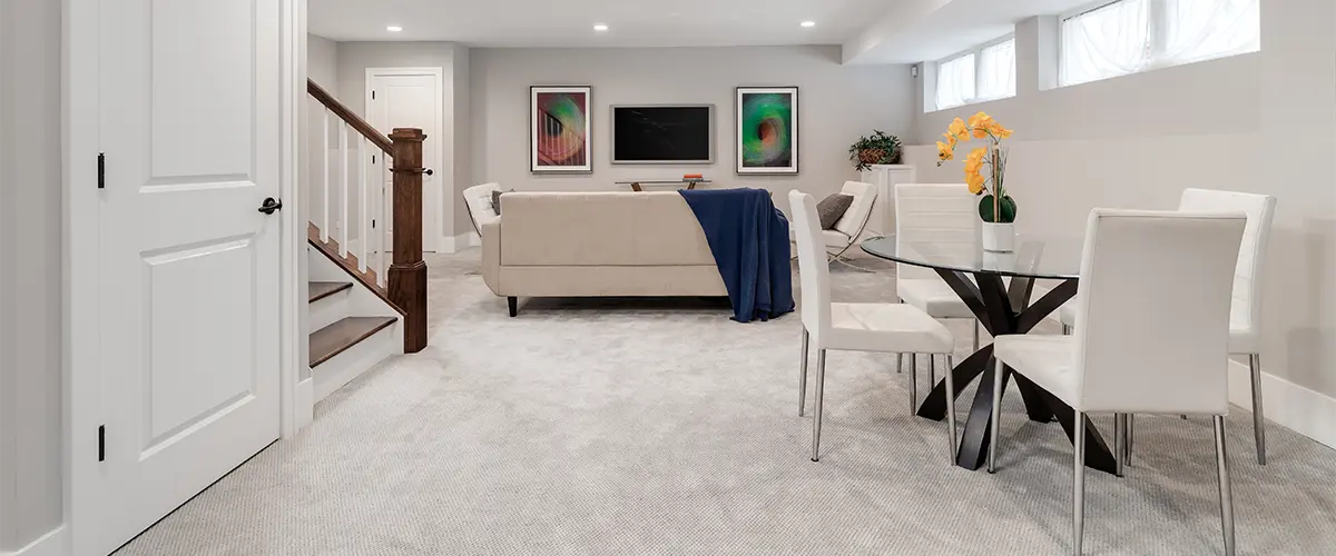 A beautiful finished basement with a living space and furniture