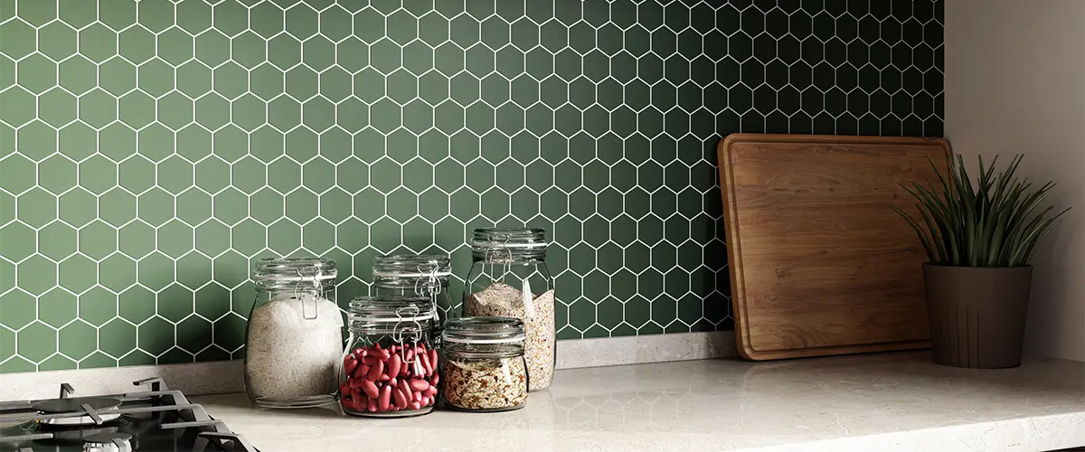 Green tile backsplash with countertop