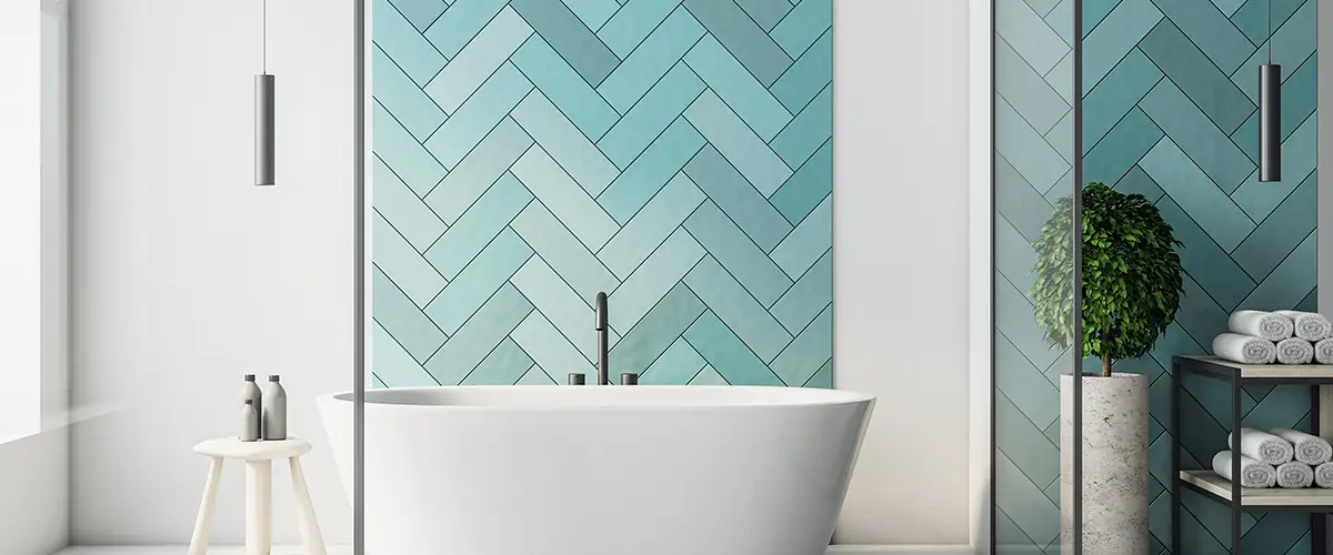 Modern turquoise bathroom interior with new wall tiles
