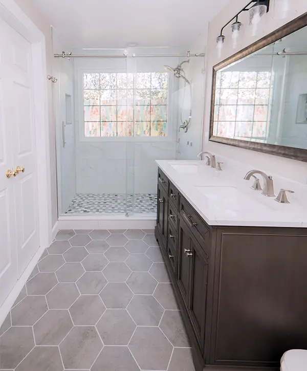 bathroom tiling with honeycomb gray tile