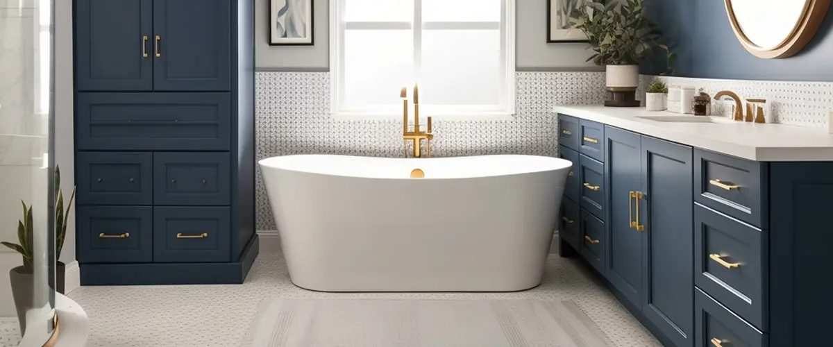 Freestanding tub with navy blue cabinets